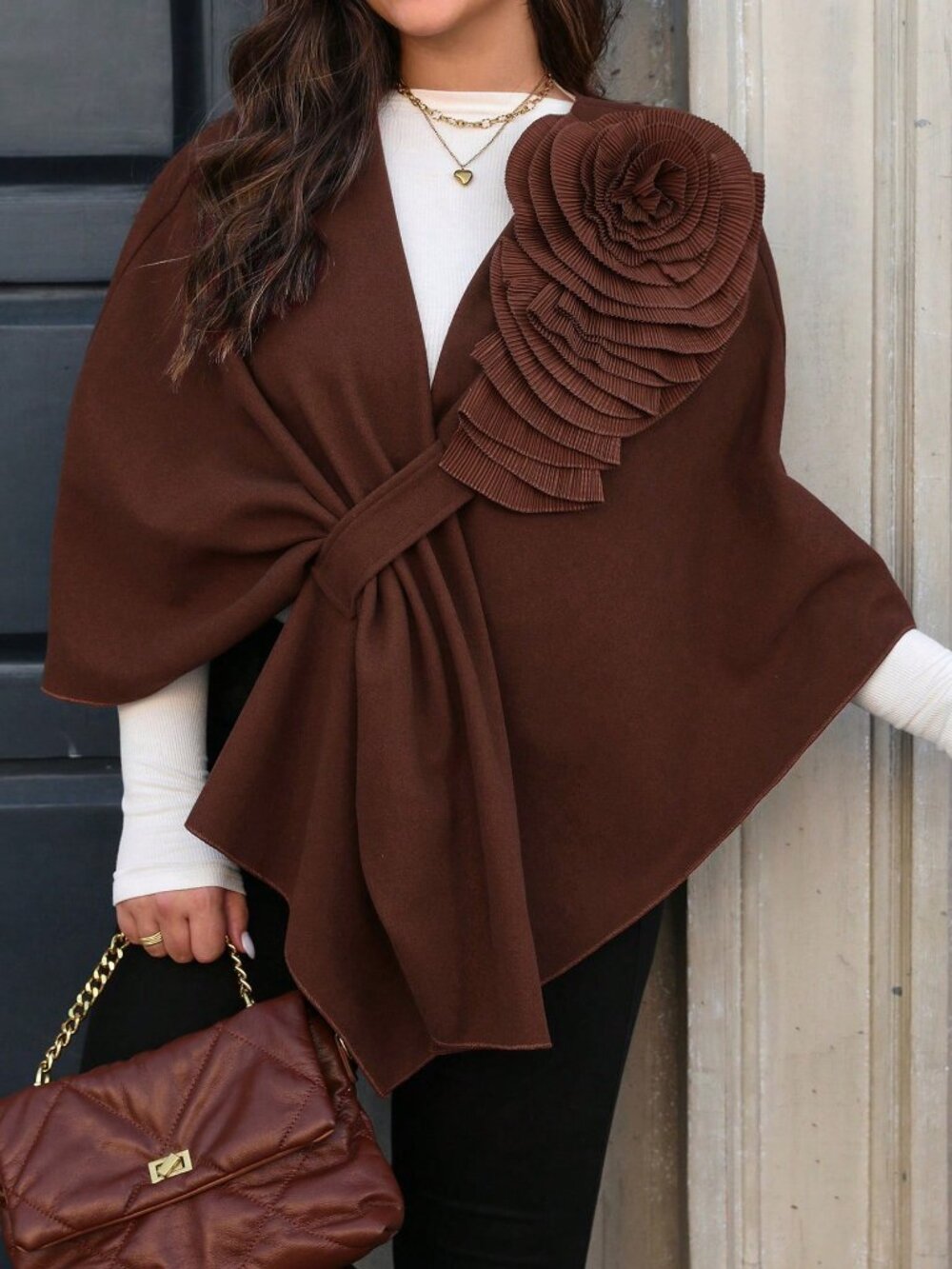 Brown Casual Women's Asymmetrical Hem Floral Decor Poncho Jacket